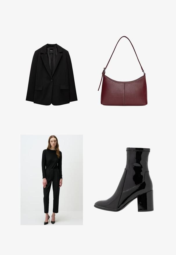 Schwarzer Blazer aus glattem Stoff mit einem Knopfverschluss, abgesetztem Revers und zwei vorderen Taschen. Minimalistisches Design, taillierte Passform.; Schwarzes langärmeliges Turtleneck-Oberteil aus geripptem Stoff, mit einer taillierten Passform, hohem Kragen und ohne Muster oder Akzente.; Schwarzes Rippenoberteil mit langen Ärmeln, kombiniert mit hoch taillierten schwarzen Hosen mit geradem Bein. Abgerundet mit spitzen schwarzen High-Heels.; Schwarze, lackierte Knöchelstiefel mit glatter Textur, spitzem Zeh und strukturiertem Blockabsatz. Verfügt über ein reißverschlussfreies Design und kontrastierende Nähte.; Bordeauxfarbene Ledertasche mit geschwungener Form, einem einzigen Schulterriemen und gesteppten Details in der Mitte. Glatte Textur, minimales Zubehör.