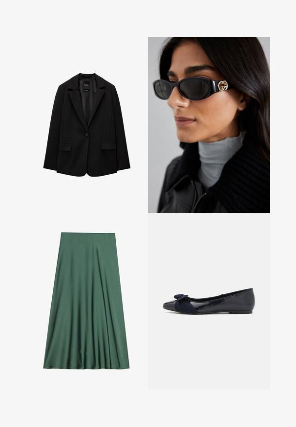 Črn blazer iz gladkega blaga z zapiranjem na en gumb, zarezanimi reverji in dvema sprednjima žepoma. Minimalističen dizajn, krojen pristen fit.; Bela bombažna majica brez rokavov s kroglasto izrezom in prilegajočim krojem. Gladka tekstura, enostavna zasnova in minimalne šivanske podrobnosti.; Zelena midi krila iz gladkega, lahkega materiala. Ima tekočo zasnovo s plisiranjem, brez vidnih zaponk ali vzorcev.; Mornarsko modri baletni čeveljci z sijajno lakasto površino in teksturirano semiš pentljo na prstu, z zaobljenim prstom in ravnim podplatom.; Črne sončne očala z elegantnim pravokotnim okvirjem in zlatim logotipom na strani. Temna stekla in sijajna površina sta izrazita.; Črna torba za rame, izdelana iz gladkega materiala, s poševno obliko, zlatim zadrgo in zlatim embossiranim logotipom na sprednji strani.