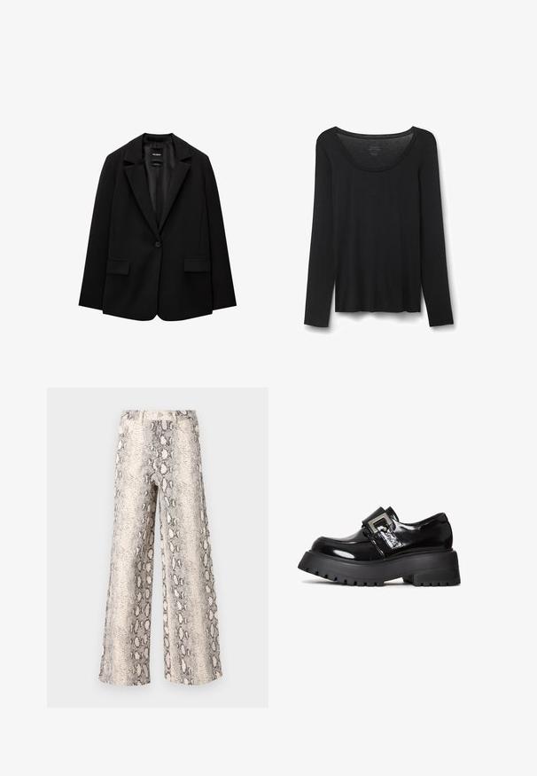 Schwarzer Blazer aus glattem Stoff mit einem Knopfverschluss, abgesetztem Revers und zwei vorderen Taschen. Minimalistisches Design, taillierte Passform.; Schwarzes Langarm-T-Shirt aus weichem Stoff. Hat einen weiten runden Halsausschnitt und einen lockeren Schnitt mit geradem Saum. Keine sichtbaren Muster oder Akzente.; Hosen mit weitem Bein im Schlangenprint-Muster, in einer Farbkombination aus Creme und Grau, aus strukturiertem Stoff mit einem hoch taillierten Design.; Schwarze Lackleder-Plateauschuhe mit einer dicken Sohle, die eine Schnallenakzentuierung und ein elegantes Design aufweisen. Strukturiertes Profil für besseren Halt.