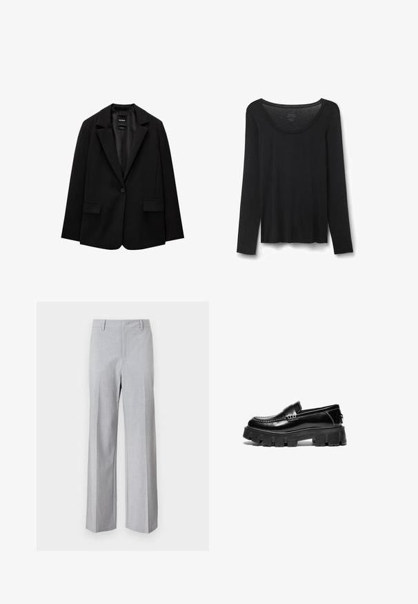 Czarna marynarka wykonana z gładkiego materiału, z pojedynczym zapięciem na guzik, wykrojonymi klapami i dwoma przednimi kieszeniami. Minimalistyczny design, dopasowany krój.; Czarna koszulka z długim rękawem, wykonana z miękkiego materiału. Posiada szeroki okrągły dekolt oraz luźny krój ze prostym dołem. Brak widocznych wzorów lub akcentów.; Jasnoszare spodnie o dopasowanym kroju, szerokiej nogawce, gładkiej fakturze i przednich fałdach. Brak widocznych kieszeni i elementów metalowych.; Czarne skórzane loafersy z masywną kauczukową podeszwą, ozdobnym paskiem na górze i kontrastującym białym przeszyciem. Gładka tekstura z zaokrąglonym noskiem.