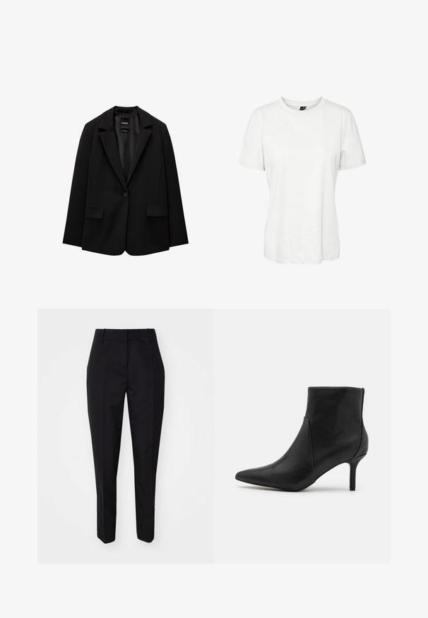 Črn blazer iz gladkega blaga z zapiranjem na en gumb, zarezanimi reverji in dvema sprednjima žepoma. Minimalističen dizajn, krojen pristen fit.; Bela majica s kratkimi rokavi iz bombaža z okroglim izrezom in sproščenim krojem. Gladka tekstura brez vidnih vzorcev ali okrasnih elementov.; Črne krojene hlače s slim fit krojem, stranskimi žepi in gladko teksturo, zasnovane s ravnim sprednjim delom in zankami za pas.; Anna Field Gležnjarji - black
