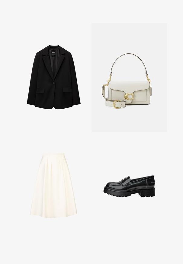 Blazer noir en tissu lisse avec une fermeture à bouton unique, des revers crantés et deux poches avant. Design minimaliste, coupe ajustée.; T-shirt en coton blanc à manches courtes, avec un col rond et une coupe droite. Texture lisse, design simple, sans motifs ni accents visibles.; Une jupe plissée mi-longue en tissu crème avec une texture lisse et une taille ajustée, conçue pour un usage décontracté ou formel.; Mocassins en cuir verni noir avec une semelle épaisse, présentant une sangle décorative et des détails de couture subtils. Texture en caoutchouc sur la semelle extérieure.; Sac à main en cuir blanc avec ferrures dorées, doté d'un rabat et d'une bandoulière amovible et réglable. Ornement métallique rond au centre.