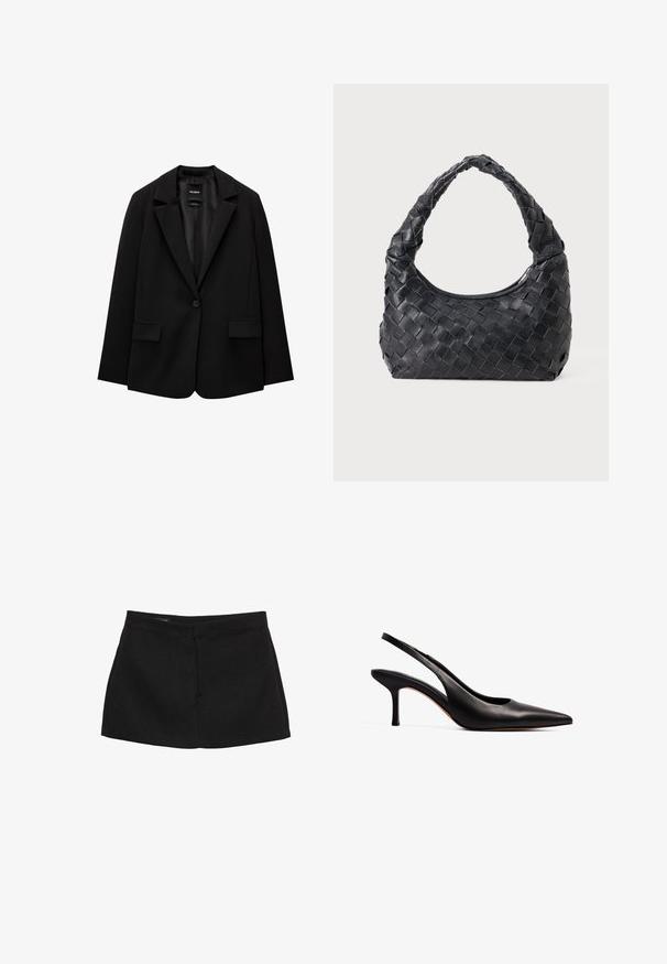 Blazer nero realizzato in tessuto morbido con chiusura a un bottone, revers a punta e due tasche frontali. Design minimalista, vestibilità sartoriale.; Top nero a spalle scoperte con maniche lunghe realizzato in tessuto morbido, caratterizzato da una vestibilità ampia e una trama liscia. Senza pattern o decorazioni visibili.; Mini gonna nera con vita strutturata, texture liscia e silhouette dritta. Non presenta tasche visibili né decorazioni.; NA-KD Decolleté - black; Borsa a spalla intrecciata in pelle nera con manico rotondo e corpo a forma di mezzaluna su sfondo semplice.