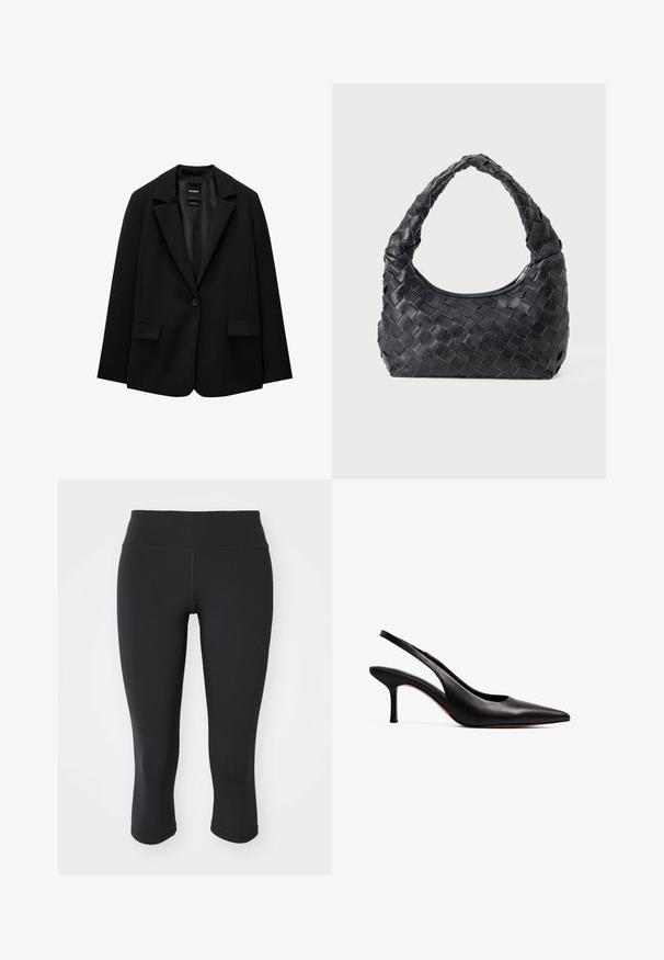 Črn blazer iz gladkega blaga z zapiranjem na en gumb, zarezanimi reverji in dvema sprednjima žepoma. Minimalističen dizajn, krojen pristen fit.; Črna off-the-shoulder majica z dolgimi rokavi, izdelana iz mehkega materiala, z ohlapnim krojem in gladko teksturo. Brez vidnih vzorcev ali okraskov.; Črne legice do kolen, izdelane iz raztegljivega materiala. Imajo širok pas in gladko teksturo z minimalnimi šivi.; NA-KD Klasične pete - black; Črna usnjena torba za čez ramo z pletenim vzorcem, zaobljenim ročajem in oblika crescent na enobarvni podlagi.