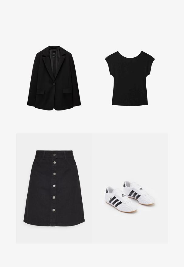 Černý blazer vyrobený z hladké tkaniny s jednotlivým knoflíkovým zapínáním, klopovými límci a dvěma předními kapsami. Minimalistický design, perfektní střih.; Černý top s krátkým rukávem, širším výstřihem a volným střihem. Vyrobeno z měkké látky bez viditelných vzorů nebo ozdob.; Černá denimová sukně s vertikálním zapínáním na knoflíky a pěti kapsami. Má rovný střih a lemování, vyrobená z odolné bavlněné tkaniny.; Bílé sportovní boty s černými pruhy, s texturou připomínající semiš, zaoblenou špičkou a suchým zipem. Gumová podrážka pro lepší přilnavost.