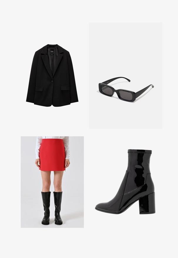Blazer noir en tissu lisse avec une fermeture à bouton unique, des revers crantés et deux poches avant. Design minimaliste, coupe ajustée.; Débardeur blanc sans manches avec un décolleté carré, texture lisse et design ajusté. Fabriqué en tissu léger.; Femme portant une mini-jupe rouge associée à des bottes en cuir noir jusqu'aux genoux et un haut à manches longues blanc sur fond uni.; Bottine noire en vernis avec une texture lisse, bout pointu et un talon bloc structuré. Caractérisée par un design sans fermeture éclair et des coutures contrastées.; Lunettes de soleil noires rectangulaires avec des verres foncés, finition brillante, larges branches et un design de monture épaisse. Nom de marque gravé sur une branche.; Sac à main en cuir bordeaux avec une forme arrondie, une bandoulière unique et des coutures au centre. Texture lisse, matériel minimal.