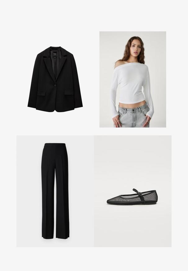 Črn blazer iz gladkega blaga z zapiranjem na en gumb, zarezanimi reverji in dvema sprednjima žepoma. Minimalističen dizajn, krojen pristen fit.; Stradivarius ASYMMETRICAL - Majica z dolgimi rokavi - white; Črne široke hlače z gladko teksturo, z visokim pasom in središnjimi pregibi. Brez vidnih vzorcev ali kovinskih detajlov.; Črne mrežaste balerinke s konicami, ki imajo trak s sponko in nizko, ravno podplat. Prosojen tekstilni material.