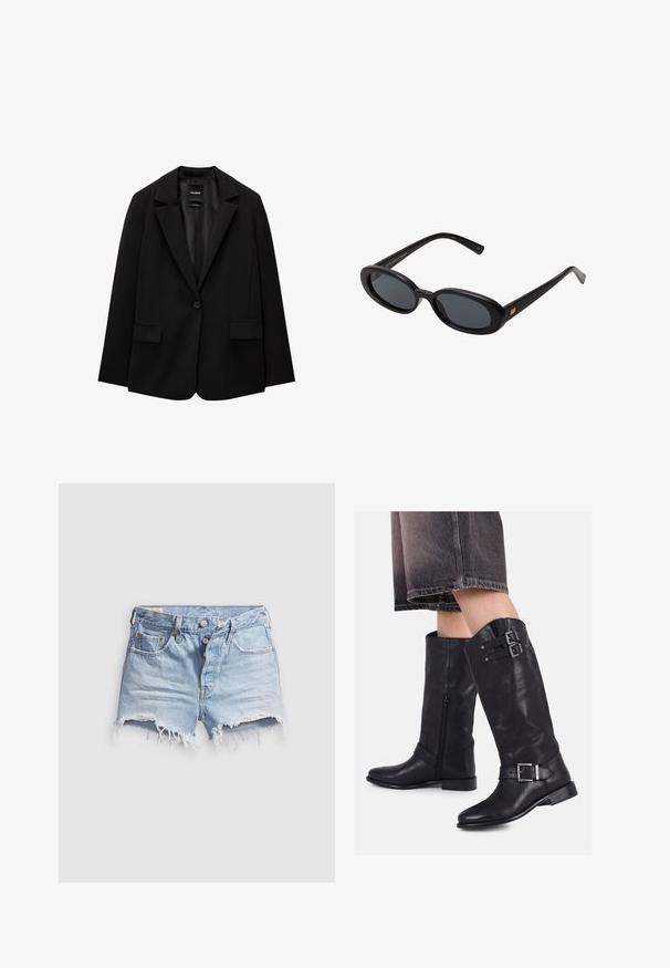 Črn blazer iz gladkega blaga z zapiranjem na en gumb, zarezanimi reverji in dvema sprednjima žepoma. Minimalističen dizajn, krojen pristen fit.; Bela bombažna majica s kratkimi rokavi, krožnim izrezom in sproščenim fitom. Gladka tekstura brez vidnih vzorcev ali akcentov.; Svetlo modri denim kratke hlače s strganimi robovi, petimi žepi in zapiranjem na gumbe. Tekstura je mehka z rahlo obrabljenim videzom.; Črne usnjene škornje do kolen z dvema trakovima in sponkami, stranskim zadrgo in nizko peto, v kombinaciji s temnimi jeans kratkimi hlačami.; Črne oversize sončne očala z ovalnimi lečami, gladkim plastičnim okvirjem in zlatenimi detajli na templjih. Temne leče zagotavljajo zaščito pred soncem.; Siva nubuk torbica z naborano zasnovo, širokim naramnicam in velikim odprtjem. Opremljena je s subtilnim šivanjem in podlagami za stabilnost.