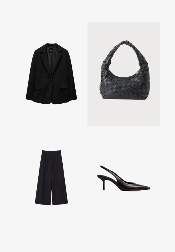 Zwarte blazer van gladde stof met een enkele knoopsluiting, notch-lapels en twee voorzakken. Minimalistisch ontwerp, getailleerde pasvorm.; Twee langmouwige turtlenecks in effen zwart, gemaakt van een zachte, rekbare stof met een aansluitend ontwerp en een naadloze halslijn.; Zwarte wijde broek met plooien, gemaakt van een soepele stof. Heeft een hoge taille en een nette, op maat gemaakte snit.; NA-KD Klassieke pumps - black; Zwarte leren geweven schoudertas met een ronde handgreep en een maansvormig lichaam op een effen achtergrond.; Gouden, gepolijste metalen manchettearmband. Beschikt over een gladde, gebogen vorm met toegespitste uiteinden en een glanzend, reflecterend oppervlak.