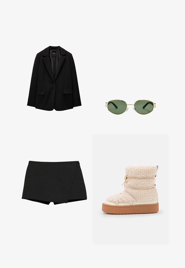 Blazer nero realizzato in tessuto morbido con chiusura a un bottone, revers a punta e due tasche frontali. Design minimalista, vestibilità sartoriale.; Top nero senza maniche con scollatura quadrata, realizzato in morbido tessuto di cotone, con spalline larghe e una silhouette aderente.; Shorts neri, leggeri, con un design avvolgente. Presentano una texture liscia e bordi puliti. Orlo diritto e senza chiusure visibili.; Stivale alla caviglia in shearling crema spesso con una finitura testurizzata, dettagli elastici e una robusta suola piattaforma marrone. Presenti dettagli in metallo argentato.; Occhiali da sole con montatura dorata e lenti verdi, forma ovale, stanghette nere e naselli trasparenti. Design pulito e minimalista.