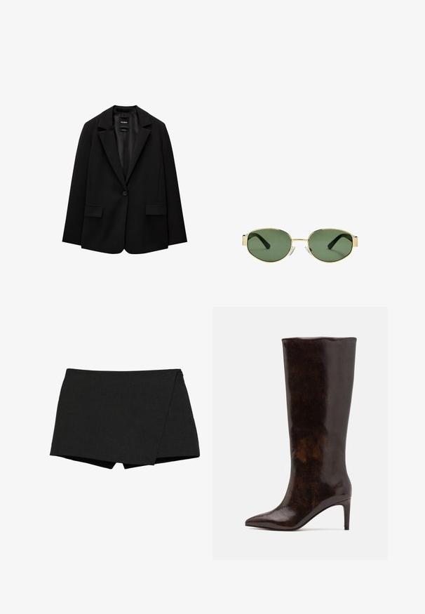 Čierny blejzer vyrobený z hladkej tkaniny s jedným gombíkom, klapkovými nohavicami a dvomi prednými vreckami. Minimalistický dizajn, strih na mieru.; Čierny tielko s obdĺžnikovým výstrihom, vyrobené z hladkej bavlnenej látky, s hrubými ramienkami a priliehavým strihom.; Čierne, ľahké šortky s prekrývacími časťami. Majú hladkú textúru a čisté okraje. Priamy lem a žiadne viditeľné zapínanie.; Call it Spring RHODDE - Topánky na vysokom opätku - medium brown; Slnko zlatohnedých kovových rámových okuliarov s zelenými tónovanými sklami, oválnym tvarom, čiernymi stranami a priehľadnými nosnými podložkami. Čistý, minimalistický dizajn.