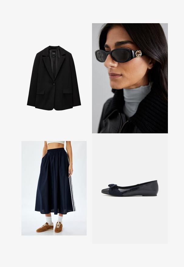 Schwarzer Blazer aus glattem Stoff mit einem Knopfverschluss, abgesetztem Revers und zwei vorderen Taschen. Minimalistisches Design, taillierte Passform.; Schwarzes, kurzärmeliges, bauchfreies T-Shirt mit rundem Halsausschnitt und einfachem Design, flach auf weißem Hintergrund liegend.; Marineblaue Maxiröhre mit elastischem Bund, Seitentaschen und kontrastierenden weißen Streifen. Getragen mit braunen Sneakern und weißen Crew-Socken.; Marineblaue Ballettschuhe mit glänzendem Lackfinish und einem strukturierten Wildlederschleifen-Detail an der Zehe, ausgestattet mit einer abgerundeten Zehenpartie und flacher Sohle.; Schwarze Sonnenbrille mit einem schlanken rechteckigen Rahmen und einem goldenen Logo-Akzent an der Seite. Dunkle Gläser und glänzende Oberfläche sind auffällig.; Schwarze Schultertasche aus glattem Material, mit geschwungener Form, goldenem Reißverschluss und einem goldenen, geprägten Logo-Akzent auf der Vorderseite.