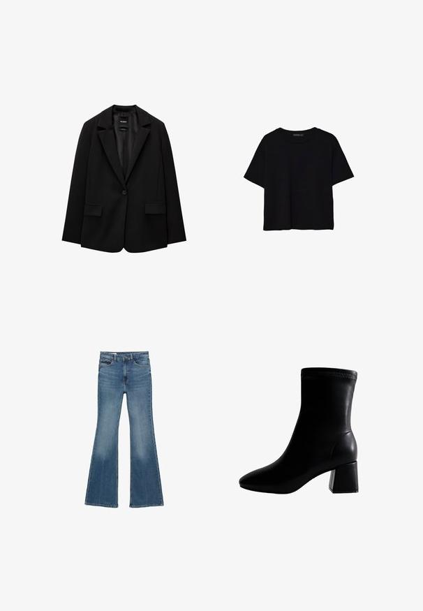 Svart blazer i slätt tyg med enknappsstängning, spetsig krage och två framfickor. Minimalistisk design, skräddarsydd passform.; Svart kortärmad croppad t-shirt med rund halsringning och enkel design, ligger platt på vit bakgrund.; Uppvikta jeans i medelmörk blå denim. Har hög midja, femficksdesign, lätt blekning och en sydd fåll.; Svart läderankelboot med spetsig tå, texturerad ovandel och en chunky fyrkantig klack. Slät yta med sömmar upptill.