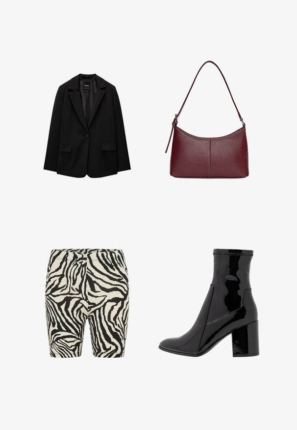 Musta bleiseri, joka on valmistettu sileästä kankaasta, yksittäisellä nappikiinnityksellä, viistetyt kaulukset ja kaksi etutaskua. Minimalistinen muotoilu, istuva leikkaus.; Musta lyhythihainen lyhyt t-paita, jossa on pyöreä kaula-aukko ja yksinkertainen design, asetettuna tasaisesti valkoiselle taustalle.; Lyhyet leggingsit musta-valkoinen seepra kuosisella printillä, jotka ovat sileäpintaiset, joustava vyötärö ja lähellä vartaloa istuva muotoilu. Sopivat päivittäiseen käyttöön tai liikuntaan.; Musta lakattu nilkkuri, jossa on sileä pinta, terävä kärki ja jämäkkä lohko korko. Suunnittelussa ei ole vetoketjua ja siinä on kontrastiväriompeleet.; Maroon-värinen nahkalaukku, jossa on kaareva muoto, yksi olkahihna ja keskellä ommeltu yksityiskohta. Sileä pinta, minimaalinen varustelu.