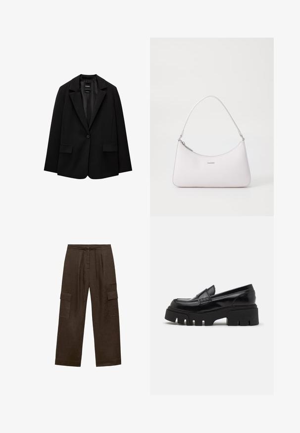 Schwarzer Blazer aus glattem Stoff mit einem Knopfverschluss, abgesetztem Revers und zwei vorderen Taschen. Minimalistisches Design, taillierte Passform.; Weißes, geripptes Tanktop mit breiten Trägern und tailliertem Schnitt, kombiniert mit hochgeschnittenen schwarzen Hosen und einem schwarzen Gürtel.; Braune, weit geschnittene Cargo-Hosen aus Leinen. Mit einem Kordelzugbund und zwei seitlichen Aufsetztaschen. Glatter, strukturierter Stoff.; Schwarze Lederloafer mit einer massiven, strukturierten Plateausohle und einem dekorativen Riemen über dem Obermaterial. Glatte, glänzende Oberfläche.; Rosa Leder-Schultertasche mit geschwungenem Design, Reißverschlussverschluss und silberfarbenen Hardware-Akzenten. Minimalistisches Logo auf der Vorderseite.