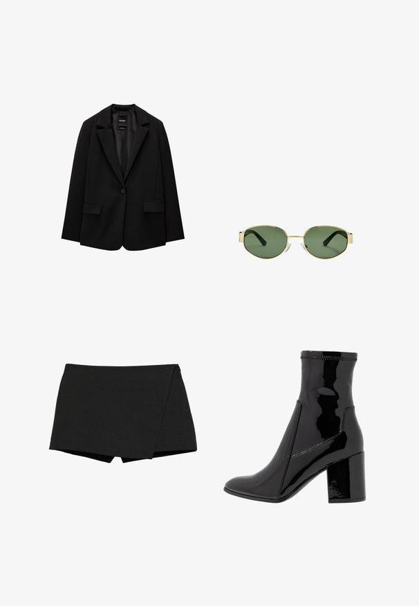 Sort blazer lavet af glat stof med enkelt knaplukning, klaplapper og to frontlommer. Minimalistisk design, skræddersyet pasform.; Hvid ribbet tanktop med brede stropper og tætsiddende design, parret med højtaljede sorte bukser og et sort bælte.; Sorte, letvægts shorts med indpakningsdesign. Har en glat overflade og skarpe kanter. Lige kant og ingen synlige lukninger.; Sorte patent ankelstøvler med en glat overflade, spidse tå og en struktureret blokhæl. Uden lynlås og med kontrasterende syninger.; Solfarvede solbriller med guldmetalramme, grønne linser, oval form, sorte stænger og klare næsepuder. Rent, minimalistisk design.; Sort vævet skuldertaske med en glat læderrem og lynlåslukning. Har en tekstureret overflade og en buet form.