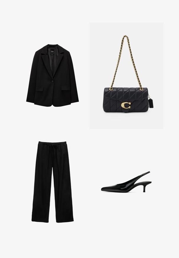 Černý blazer vyrobený z hladké tkaniny s jednotlivým knoflíkovým zapínáním, klopovými límci a dvěma předními kapsami. Minimalistický design, perfektní střih.; Bílý top bez rukávů, žebrovaná textura, kulatý výstřih, obtáhnutý střih, decentní značka na štítku uvnitř oblasti límce.; Černé široké kalhoty vyrobené z lehké tkaniny s elastickým pasem a šňůrkou. Jednoduchý design, bez vzorů a hardwaru.; Černý špičatý slingback s lesklou koženou povrchovou úpravou a tenkým, nízkým podpatkem. Obsahuje výřez na boku pro prodyšnost.; Černá prošívaná kabelka se zlatým řetízkovým popruhem, s výraznou zlatou sponou a malou visačkou, která se pyšní texturovaným koženým povrchem.