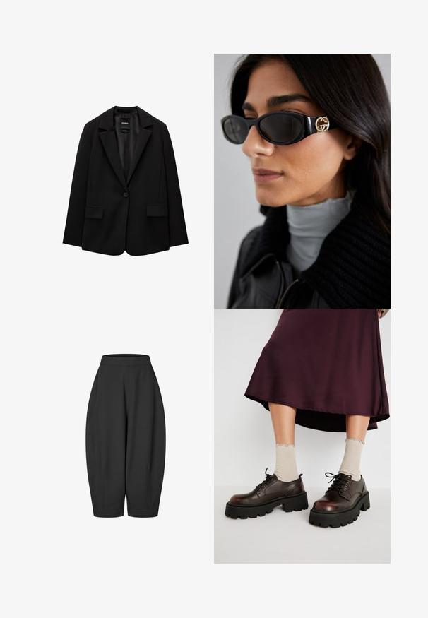 Zwarte blazer van gladde stof met een enkele knoopsluiting, notch-lapels en twee voorzakken. Minimalistisch ontwerp, getailleerde pasvorm.; Bruine lange mouwen polo met horizontale witte strepen, een contrasterende witte kraag en een knoopsluiting met drie knopen. Zachte stofstructuur.; Zwarte, losvallende culottes met een elastische tailleband, voorzien van zijzakken en een taps toeloopontwerp, gemaakt van zachte stof.; Bruine leren platform schoenen met dikke zwarte zolen, gecombineerd met geribbelde beige sokken met golfranden, tegen een neutrale achtergrond.; Zwarte zonnebril met een stijlvolle rechthoekige montuur en een gouden logo-accent aan de zijkant. Donkere lenzen en een glanzende afwerking zijn opvallend.