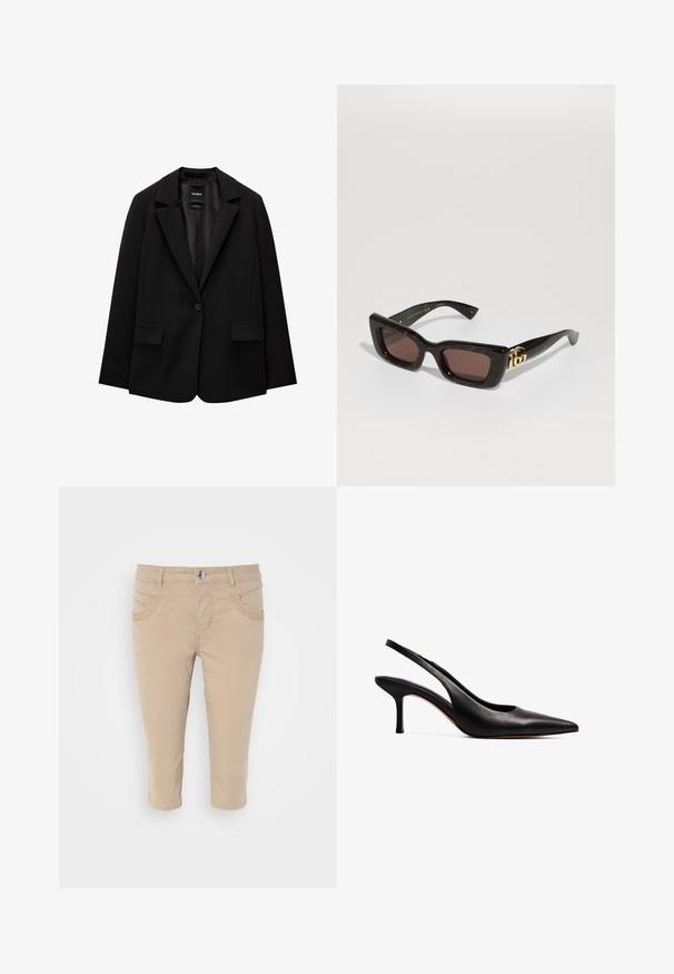 Sort blazer lavet af glat stof med enkelt knaplukning, klaplapper og to frontlommer. Minimalistisk design, skræddersyet pasform.; Sort ribbet tanktop med rund hals og hvidt broderet logo. Stoffet har en glat tekstur med en tætsiddende form.; Beige cropped chinos med en glat bomuldsstruktur, der har to frontlommer og en knaplukning i taljen.; NA-KD Pumps - black; Sorte skildpadde solbriller med rektangulære linser, brun tint, tyk ramme og guld dobbelt-G logo detalje på stangen.; Guldtonede hoop øreringe med en skildpadde-mønstret harpikskant, der har en glat finish og en elegant, rund form.