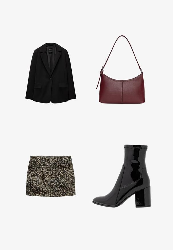 Črn blazer iz gladkega blaga z zapiranjem na en gumb, zarezanimi reverji in dvema sprednjima žepoma. Minimalističen dizajn, krojen pristen fit.; Dva skrajšana topa brez rokavov: en črn in en bel. Narejena iz gladkega blaga, z užaljenimi trakovi in preprostim, prilegajočim se dizajnom.; Mini krilo iz denima z leopardjim vzorcem, oprijetim pasom, sprednjim gumbom in dvema stranskima žepoma, v bež in črni barvni shemi.; Črne lakaste gležnjarje z gladko teksturo, koničastim nosom in strukturiranim blokastim peto. Imajo zasnovo brez zadrge in kontrastno šivanje.; Bordo usnjeni ročni torbici s ukrivljeno obliko, enim ramenskim trakom in šivanjem na sredini. Gladka tekstura, minimum kovinskih dodatkov.