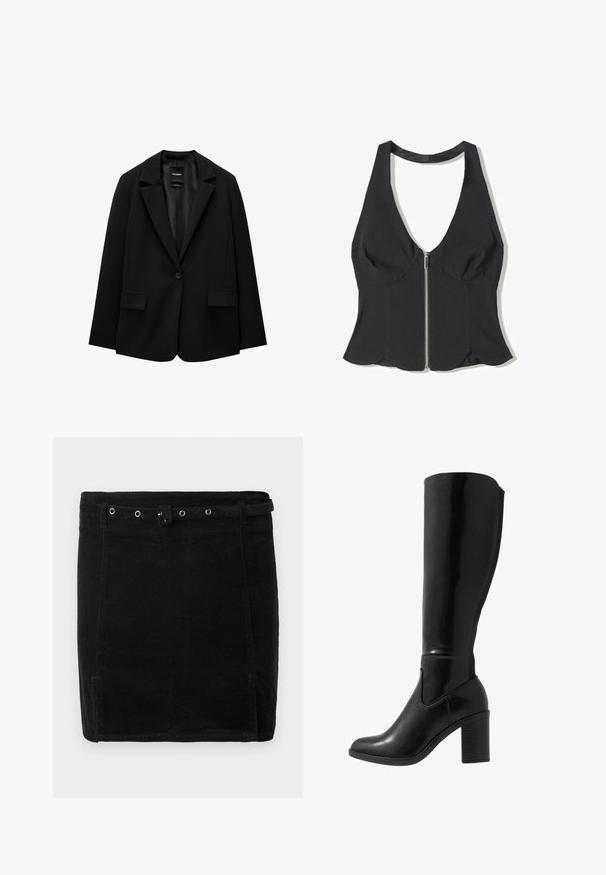 Černý blazer vyrobený z hladké tkaniny s jednotlivým knoflíkovým zapínáním, klopovými límci a dvěma předními kapsami. Minimalistický design, perfektní střih.; Černý halter top vyrobený z látky s hlubokým výstřihem do V, se zipem v přední části a vlnitým lemem na dně. Žádné vzory ani akcenty.; Černá kordurová sukně s přiléhavým střihem, vybavená opaskem, stříbrnými detaily a jemnou vertikální texturou žebrování.; Černé lesklé vysoké kozačky na podpatku do poloviny lýtek s kulatou špičkou, hladkým povrchem, bočním výřezem a robustním sloupkovým podpatkem.