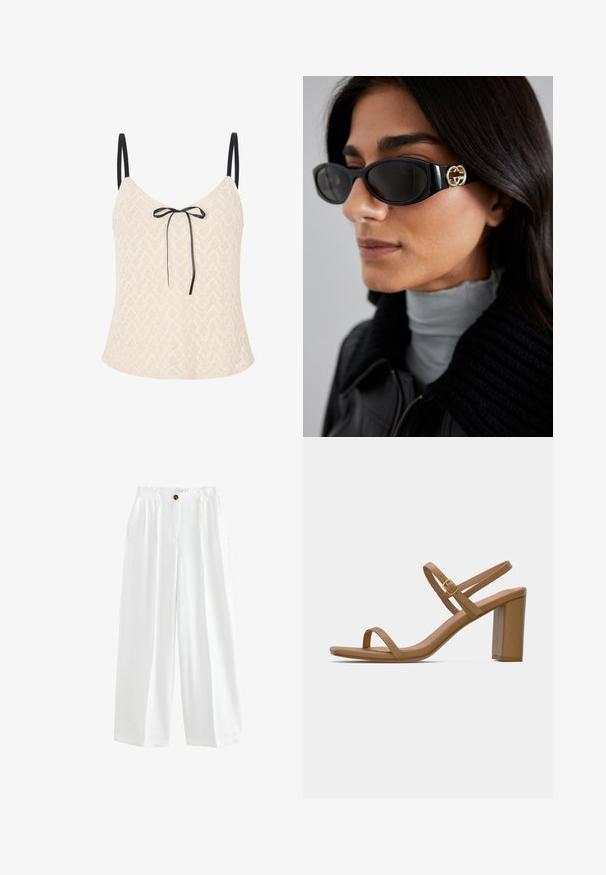 Črn blazer iz gladkega blaga z zapiranjem na en gumb, zarezanimi reverji in dvema sprednjima žepoma. Minimalističen dizajn, krojen pristen fit.; Čipkasta majica v svetlem bež odtenku s črtnim vzorcem, z tankimi črnimi naramnicami in sprednjo pentljo kot dodatno dekoracijo.; Bela široka hlače iz lahkega materiala. Imajo gumbasto zapiranje, dve stranski žepki in sproščen kroj.; Svetlo rjave sandale s peto, ki imajo dva tanka traka in kvadratno blok peta. Gladek material z minimalnim dizajnom in majhnim zlatim sponko.; Črne sončne očala z elegantnim pravokotnim okvirjem in zlatim logotipom na strani. Temna stekla in sijajna površina sta izrazita.; Bela usnjena torbica z zlatimi kovinskimi detajli, z zaponko na preklop in odstranljivim, nastavljivim trakom. V sredini okrogel kovinski okrasek.