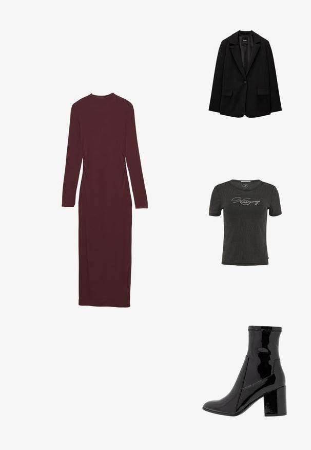 Schwarzer Blazer aus glattem Stoff mit einem Knopfverschluss, abgesetztem Revers und zwei vorderen Taschen. Minimalistisches Design, taillierte Passform.; Dunkelgraues, geripptes T-Shirt mit kurzen Ärmeln und rundem Halsausschnitt. Mit kristallähnlichen Verzierungen, die "history" auf der Vorderseite buchstabieren.; Langärmliges, mauvefarbenes Kleid mit taillierter Form und gerafften Seitendetails. Aus dehnbarem Stoff gefertigt, reicht es bis zur Wadenmitte.; Schwarze, lackierte Knöchelstiefel mit glatter Textur, spitzem Zeh und strukturiertem Blockabsatz. Verfügt über ein reißverschlussfreies Design und kontrastierende Nähte.; Bordeauxfarbene Ledertasche mit geschwungener Form, einem einzigen Schulterriemen und gesteppten Details in der Mitte. Glatte Textur, minimales Zubehör.