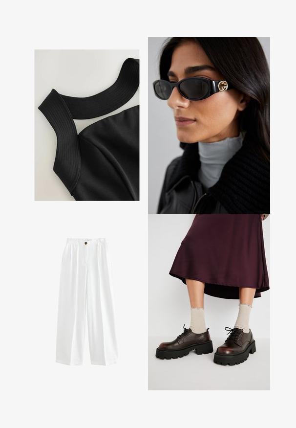 Blazer nero realizzato in tessuto morbido con chiusura a un bottone, revers a punta e due tasche frontali. Design minimalista, vestibilità sartoriale.; Top nero senza maniche con spalline larghe a coste e una texture del tessuto liscia, caratterizzato da cuciture contour per un design aderente.; Pantaloni bianchi a gamba larga realizzati in tessuto leggero. Presentano una chiusura con bottone, due tasche laterali e una vestibilità comoda.; Scarpe platform in pelle marrone con suole nere spesse, abbinate a calzini beige a coste con bordi a scallop, su uno sfondo tenue.; Occhiali da sole neri con una montatura rettangolare elegante e un accento del logo dorato sul lato. Le lenti scure e la finitura lucida sono evidenti.