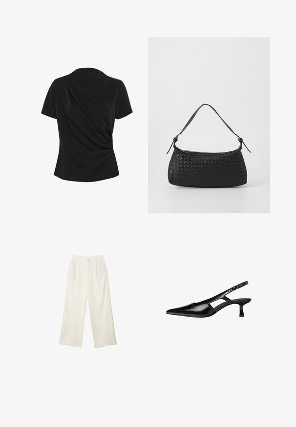 Blazer nero realizzato in tessuto morbido con chiusura a un bottone, revers a punta e due tasche frontali. Design minimalista, vestibilità sartoriale.; Top nero a maniche corte con dettaglio drappeggiato sul retro, realizzato in tessuto morbido, caratterizzato da un colletto rotondo e una silhouette aderente.; Pantaloni a gamba larga in tessuto crema con una texture liscia, caratterizzati da un singolo bottone frontale, pieghe sottili e un design a vita alta.; Tacchi slingback in pelle verniciata nera con punta affusolata, design con tagli laterali e tacco quadrato piccolo. Texture liscia con dettagli minimi.; Borsa a spalla nera intrecciata con tracolla in pelle liscia e chiusura con zip. Presenta una superficie texturizzata e una forma curvata.