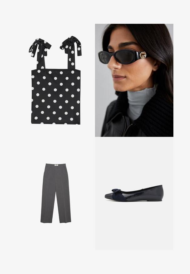 Musta bleiseri, joka on valmistettu sileästä kankaasta, yksittäisellä nappikiinnityksellä, viistetyt kaulukset ja kaksi etutaskua. Minimalistinen muotoilu, istuva leikkaus.; Musta ilmanhiha toppi valkoisilla pilkuilla, jossa on solmittavat hihnat. Valmistettu sileästä kankaasta, jossa on istuva vartalo-osa ja suora helma.; Harmaat suorat housut, jotka on valmistettu teksturoidusta kankaasta, keskikorkea vyötärö, vyölenkit ja sivutaskut. Ei näkyviä kuvioita tai koristeita.; Navy ballerinat kengät kiiltävällä lakka pinnalla ja teksturoidulla mokkanahkalla varustetulla kaarrekoristeella, pyöreä varvas ja tasapohja.; Mustat aurinkolasit, joissa on tyylikäs suorakulmainen kehys ja kultainen logo-akkentti sivussa. Tumma linssit ja kiiltävä pinta ovat huomattavissa.; Musta olkalaukku, joka on valmistettu tasaisesta materiaalista, ominaispiirteinään kaareva muoto, kultainen vetoketju ja kulta prässätty logo etupuolella.