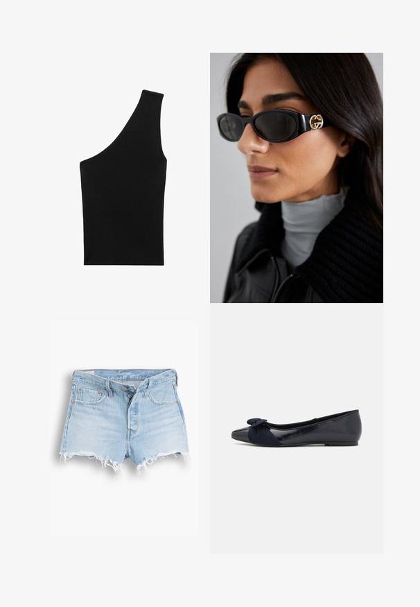 Črn blazer iz gladkega blaga z zapiranjem na en gumb, zarezanimi reverji in dvema sprednjima žepoma. Minimalističen dizajn, krojen pristen fit.; Črn, rebrast pleten top z edinstveno asimetrično silhueto in enim naramnikom. Gladka tekstura, brez vidnih velikosti ali vzorca.; Svijetloplave traper šorts hlače s visokim strukom, izrezanim rubom, dizajnom s pet džepova i kontrastnim šavovima. Dva dugmeta na zatvaranju sprijeda.; Mornarsko modri baletni čeveljci z sijajno lakasto površino in teksturirano semiš pentljo na prstu, z zaobljenim prstom in ravnim podplatom.; Črne sončne očala z elegantnim pravokotnim okvirjem in zlatim logotipom na strani. Temna stekla in sijajna površina sta izrazita.; Črna torba za rame, izdelana iz gladkega materiala, s poševno obliko, zlatim zadrgo in zlatim embossiranim logotipom na sprednji strani.