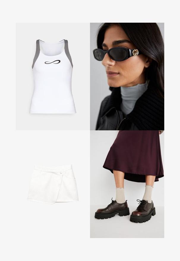 Zwarte blazer van gladde stof met een enkele knoopsluiting, notch-lapels en twee voorzakken. Minimalistisch ontwerp, getailleerde pasvorm.; Witte sportieve tanktop met zwarte mesh accenten op de schouders en een zwart oneindigheid logo op de voorkant. Glad stof, aansluitend ontwerp.; Witte denim minirok met een wikkeldesign, voorzien van een knoopsluiting aan de voorkant, twee zijzakken en een soepele textuur.; Bruine leren platform schoenen met dikke zwarte zolen, gecombineerd met geribbelde beige sokken met golfranden, tegen een neutrale achtergrond.; Zwarte zonnebril met een stijlvolle rechthoekige montuur en een gouden logo-accent aan de zijkant. Donkere lenzen en een glanzende afwerking zijn opvallend.; Zwarte leren hobo tas met een slouchy ontwerp, brede schouderband en een gladde textuur. Heeft een enkele ritssluiting aan de zijkant.