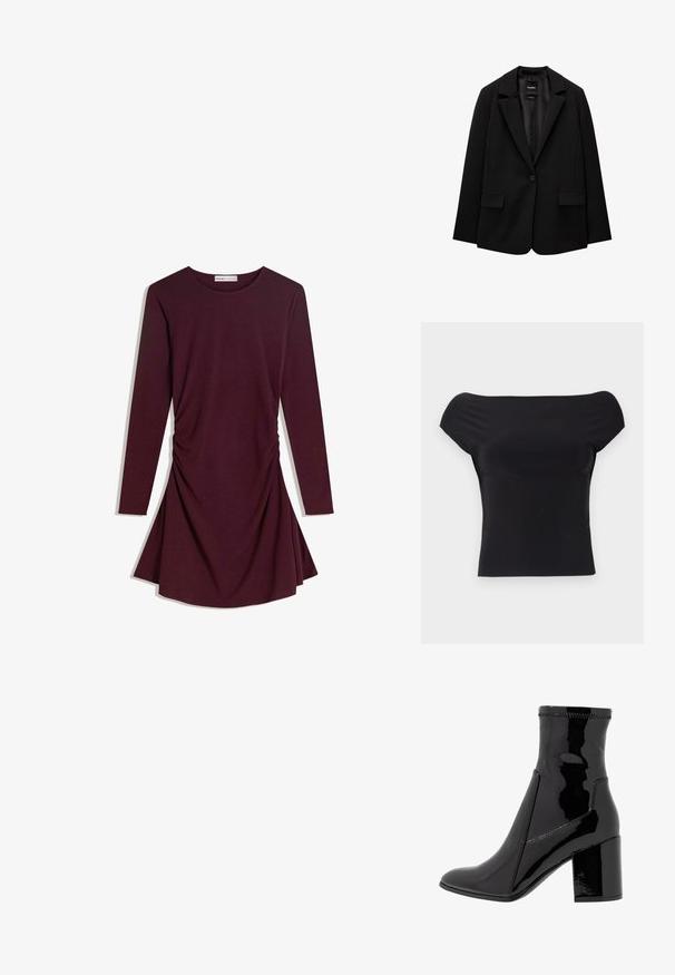 Čierny blejzer vyrobený z hladkej tkaniny s jedným gombíkom, klapkovými nohavicami a dvomi prednými vreckami. Minimalistický dizajn, strih na mieru.; BDG Urban Outfitters CAP SLEEVE BACKLESS - Základné tričko - black; Šaty s dlhým rukávom v hlbokej burgundskej farbe, s okrúhlym výstrihom a zhrnutím na boku, s rozšíreným lemom sukne. Hladká textúra látky.; Čierne lakované členkové čižmy s hladkým povrchom, špicatou špičkou a pevným blokovým opätkom. Disponujú dizajnom bez zipsu a kontrastným prešívaním.; Bordová kožená kabelka s zakriveným tvarom, s jedným ramenným popruhom a prešitými detailmi v strede. Hladký povrch, minimalistické príslušenstvo.
