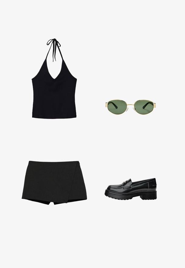 Svart blazer i slätt tyg med enknappsstängning, spetsig krage och två framfickor. Minimalistisk design, skräddarsydd passform.; Svart halterneck-top i ribbat tyg med djup V-ringning och justerbar knytning vid nacken. Tajt silhuett utan ytterligare detaljer.; Svarta, lätta shorts med draperad design. Har en slät textur och rena kanter. Rak fåll och inga synliga stängningar.; Svarta lackläder loafers med en kraftig sula, som har ett dekorativt rem och subtila sömnadsdetaljer. Gummitextur på yttersulan.; Guldmetallramade solglasögon med gröna tonade linser, oval form, svarta skalmar och klara näsaskar. Rent, minimalistiskt design.