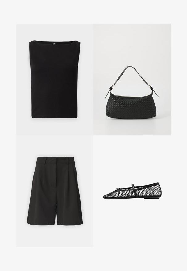 Schwarzer Blazer aus glattem Stoff mit einem Knopfverschluss, abgesetztem Revers und zwei vorderen Taschen. Minimalistisches Design, taillierte Passform.; Schwarzes, figurbetontes Oberteil mit quadratischem Ausschnitt, aus weichem Baumwollmaterial, ohne zusätzliche Muster oder Akzente. Einfaches und schlichtes Design.; Schwarze Shorts mit maßgeschneidertem Design, vorne mit Falten, breitem Bund und glatter Textur. Keine sichtbaren Taschen.; Schwarze Netz-Balletflats mit spitz zulaufender Zehenpartie, dekorativem Riemen und dezentem Akzent. Sie verfügen über ein offenes Netzdesign und eine flache Sohle.; Schwarze geflochtene Schultertasche mit einem glatten Ledertragegurt und Reißverschluss. Verfügt über eine strukturierte Oberfläche und eine gebogene Form.