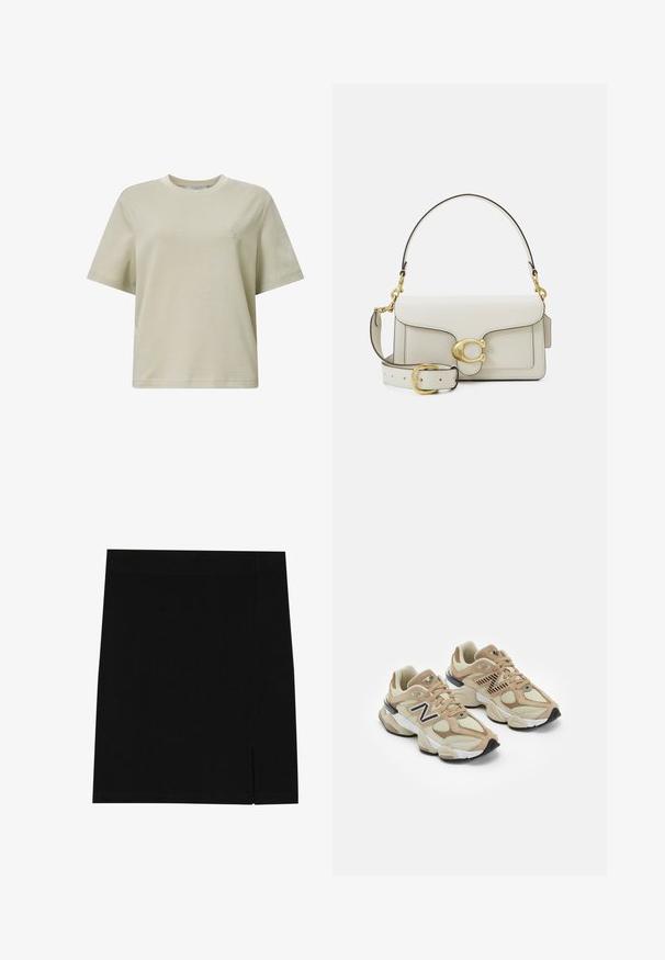 Sort blazer lavet af glat stof med enkelt knaplukning, klaplapper og to frontlommer. Minimalistisk design, skræddersyet pasform.; Lys beige bomulds T-shirt med korte ærmer, rund halsudskæring, afslappet pasform og lille præget logo på brystet. Glat tekstur.; Sort mini nederdel lavet af blødt stof med en tætsiddende design, der har en lille slids på siden for ekstra detalje.; Beige sneakers med mesh og suede materialer. Har et sort logo og teksturerede accenter. Tyk hvid mellemsål og sort gummisål.; Hvid læderhåndtaske med gulddetaljer, der har en klaplukning og en aftagelig, justerbar rem. Rundet metalaccent i midten.
