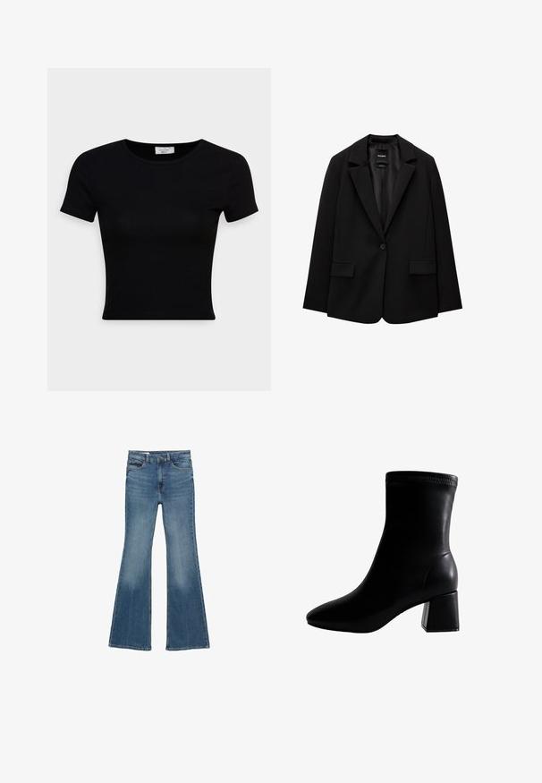 Czarna marynarka wykonana z gładkiego materiału, z pojedynczym zapięciem na guzik, wykrojonymi klapami i dwoma przednimi kieszeniami. Minimalistyczny design, dopasowany krój.; Czarna koszulka z krótkim rękawem wykonana z gładkiej bawełny, z okrągłym dekoltem i dopasowanym krojem. Minimalistyczna, bez widocznych wzorów.; JeANSy dzwonowate w średnim niebieskim denimen. Posiadają wysoki stan, pięciokieszeniowy fason, delikatne przetarcia i szyty dół.; Czarne skórzane botki za kostkę z wysmuklonym noskiem, teksturowaną cholewką i masywnym kwadratowym obcasem. Gładkie wykończenie z przeszyciem na górze.