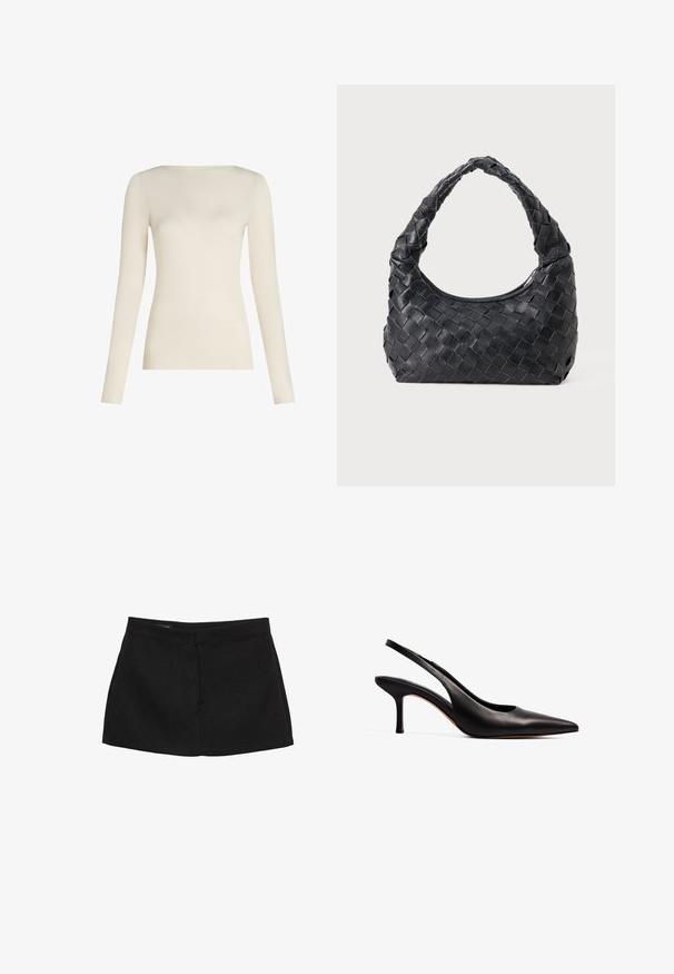 Svart blazer i slätt tyg med enknappsstängning, spetsig krage och två framfickor. Minimalistisk design, skräddarsydd passform.; Långärmad topp i off-white, tillverkad av mjukt tyg, med rund halsringning och figurnära silhuett. Slät textur utan mönster eller detaljer.; Svart minikjol med en strukturerad midja, slät yta och rak siluett. Har inga synliga fickor eller dekorationer.; NA-KD Pumps - black; Svart lädervävd axelväska med ett rundat handtag och en halvmåneformad kropp mot en plain bakgrund.