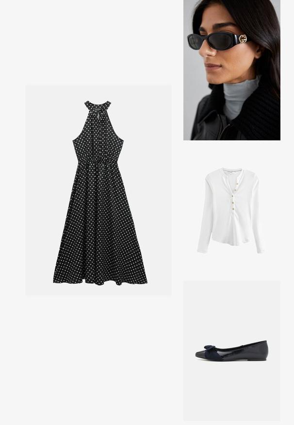 Black blazer made of smooth fabric with a single button closure, notched lapels, and two front pockets. Minimalist design, tailored fit.; White long-sleeve henley shirt made of ribbed material, featuring a notched collar, five golden buttons down the front, and a curved hem.; Black halter neck dress featuring white polka dots, cinched waist, and a flowy skirt. Made of soft fabric with a smooth texture.; Navy ballet flats with a glossy patent finish and a textured suede bow detail on the toe, featuring a rounded toe and flat sole.; Black sunglasses featuring a sleek rectangular frame with a gold logo accent on the side. Dark lenses and glossy finish are prominent.; Black shoulder bag made from smooth material, featuring a curved shape, gold zipper, and a gold embossed logo accent on the front.
