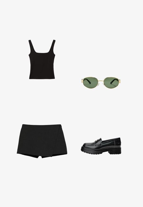 Blazer nero realizzato in tessuto morbido con chiusura a un bottone, revers a punta e due tasche frontali. Design minimalista, vestibilità sartoriale.; Top nero senza maniche con scollatura quadrata, realizzato in morbido tessuto di cotone, con spalline larghe e una silhouette aderente.; Shorts neri, leggeri, con un design avvolgente. Presentano una texture liscia e bordi puliti. Orlo diritto e senza chiusure visibili.; Mocassini in vernice nera con suola spessa, caratterizzati da una fascia decorativa e dettagli di cucitura discreti. Texture gommoso sulla suola.; Occhiali da sole con montatura dorata e lenti verdi, forma ovale, stanghette nere e naselli trasparenti. Design pulito e minimalista.