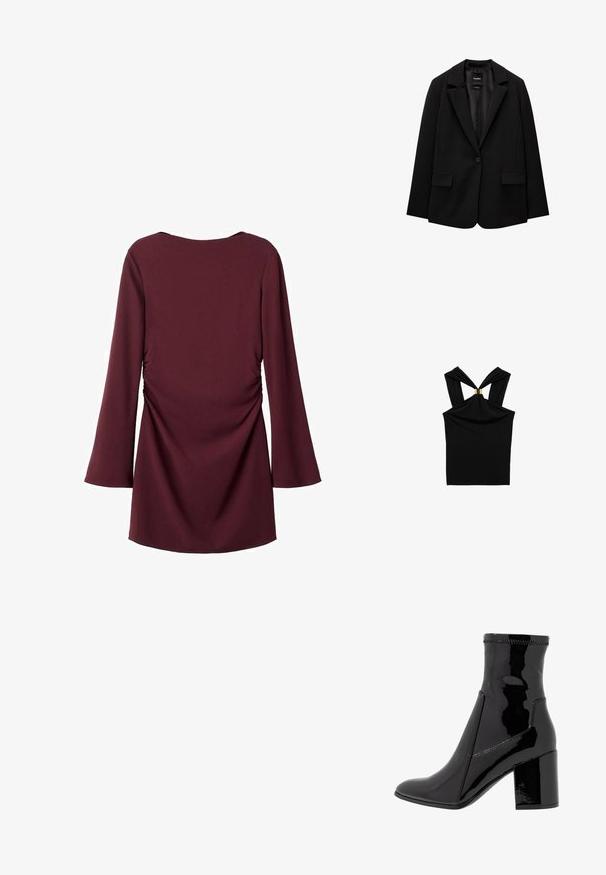 Blazer nero realizzato in tessuto morbido con chiusura a un bottone, revers a punta e due tasche frontali. Design minimalista, vestibilità sartoriale.; Top senza maniche nero con un design posteriore attorcigliato e un accento dorato al collo. Realizzato in tessuto morbido e elasticizzato con una texture liscia.; Abito color marrone scuro con maniche lunghe e svasate, e dettagli arricciati lungo i lati. Tessuto morbido con scollatura rotonda e design leggermente aderente.; Stivale alla caviglia in patent nero con una texture liscia, punta appuntita e tacco a blocco strutturato. Presenta un design senza zip e cuciture a contrasto.; Borsa a tracolla in pelle bordeaux con forma curvata, una sola tracolla e dettagli cuciti al centro. Texture liscia, hardware minimale.