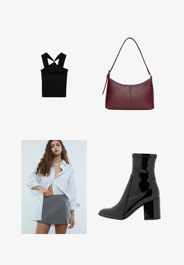 Musta bleiseri, joka on valmistettu sileästä kankaasta, yksittäisellä nappikiinnityksellä, viistetyt kaulukset ja kaksi etutaskua. Minimalistinen muotoilu, istuva leikkaus.; Musta ilmanhiha toppi, jossa on kierretty selkädesign ja kultainen yksityiskohta kaula-aukossa. Valmistettu pehmeästä, joustavasta kankaasta, jossa on sileä rakenne.; Nuori nainen, jolla on pitkät kiharat hiukset, pukeutuneena valkoiseen raidalliseen oversized-paitaan, harmaaseen mini-hameeseen, jossa on etuleikkaus, ja tähden muotoiseen kaulakoru.; Musta lakattu nilkkuri, jossa on sileä pinta, terävä kärki ja jämäkkä lohko korko. Suunnittelussa ei ole vetoketjua ja siinä on kontrastiväriompeleet.; Maroon-värinen nahkalaukku, jossa on kaareva muoto, yksi olkahihna ja keskellä ommeltu yksityiskohta. Sileä pinta, minimaalinen varustelu.