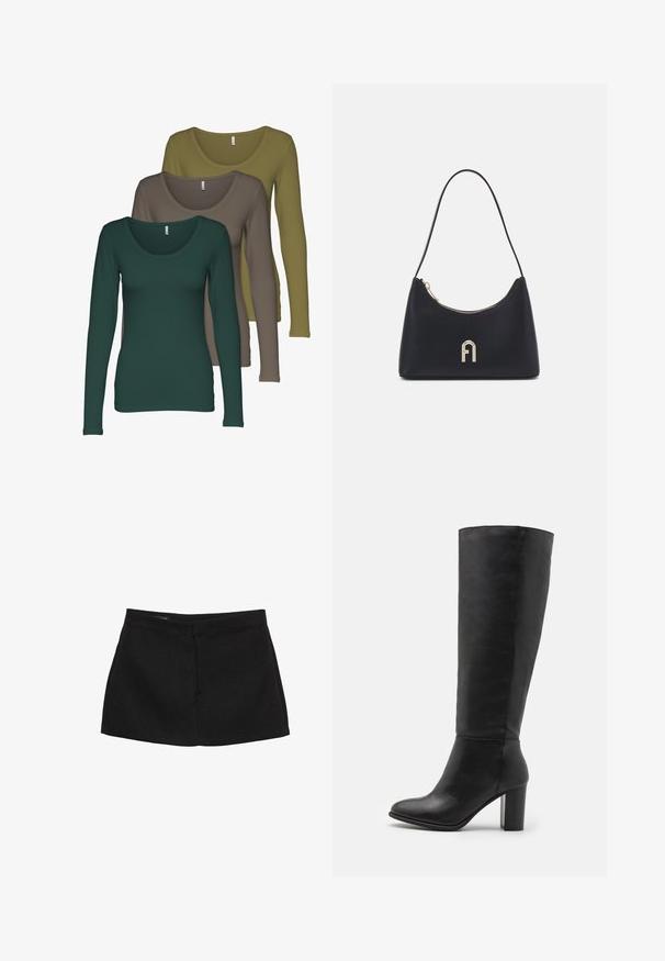 Schwarzer Blazer aus glattem Stoff mit einem Knopfverschluss, abgesetztem Revers und zwei vorderen Taschen. Minimalistisches Design, taillierte Passform.; Drei Langarm-T-Shirts in Dunkelgrün, Olivgrün und Braun. Jedes hat einen runden Halsausschnitt und eine glatte, weiche Stoffstruktur.; Schwarzer Minirock mit strukturiertem Taillenbereich, glatter Textur und geradem Schnitt. Hat keine sichtbaren Taschen oder Verzierungen.; Schwarze kniehohe Stiefel aus glattem Leder, mit einem stabilen Absatz und runder Zehenpartie. Minimalistisches Design ohne sichtbare Hardware oder Dekorationen.; Schwarze Schultertasche aus glattem Material, mit geschwungener Form, goldenem Reißverschluss und einem goldenen, geprägten Logo-Akzent auf der Vorderseite.