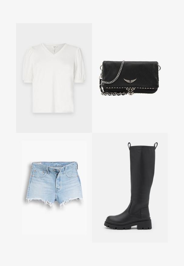 Fekete blézer sima szövetből, egy gombos záródással, bemetszett gallérral és két elülső zsebbel. Minimalista dizájn, testreszabott fazon.; Fehér V-nyakú póló sima anyagból, puffos ujjakkal és enyhén laza szabással. Egyszerű, minta és dísz nélkül.; Világoskék farmer rövidnadrág magas derékkal, rojtos szegéllyel, öt zsebbel és kontrasztos varrással. Két gomb a elülső záródáson.; Fekete, térdig érő csizma sima bőrből, vastag talppal és enyhe sarokkal. Húzófülekkel és rugalmas oldalsó panellel a könnyű felhúzás érdekében.; Fekete bőr keresztpántos táska, textúrált felülettel, ezüst szárny részlettel, fém szegecsekkel az alján és lánc pánttal.; Zign 2 PACK - Karkötő - gold-coloured/silver-coloured