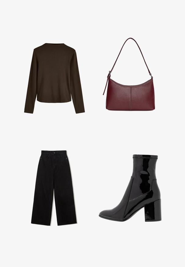 Črn blazer iz gladkega blaga z zapiranjem na en gumb, zarezanimi reverji in dvema sprednjima žepoma. Minimalističen dizajn, krojen pristen fit.; Rjava dolgosleeve majica z okroglo ovratnikom in ohlapnim krojem, izdelana iz mehke bombažne tkanine z enostavno teksturo.; Črne široke kavbojke iz denima z visokim pasom, ki imajo pet žepov in en gumb za zapiranje spredaj.; Črne lakaste gležnjarje z gladko teksturo, koničastim nosom in strukturiranim blokastim peto. Imajo zasnovo brez zadrge in kontrastno šivanje.; Bordo usnjeni ročni torbici s ukrivljeno obliko, enim ramenskim trakom in šivanjem na sredini. Gladka tekstura, minimum kovinskih dodatkov.