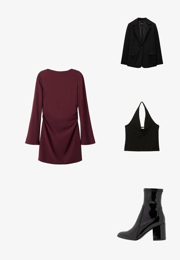 Sort blazer lavet af glat stof med enkelt knaplukning, klaplapper og to frontlommer. Minimalistisk design, skræddersyet pasform.; Sort haltertop med en dyb V-udskæring. Lavet af glat stof, har den en tætsiddende silhuet og en ren kant. Ingen hardware eller detaljer.; Maroonfarvet kjole med lange, flagrende ærmer og rynket detalje langs siderne. Glat stof med rund halsudskæring og let figursyet design.; Sorte patent ankelstøvler med en glat overflade, spidse tå og en struktureret blokhæl. Uden lynlås og med kontrasterende syninger.; Kastanjebrun læderhåndtaske med en buet form, en enkelt skulderrem og syninger i midten. Glat tekstur, minimal hardware.