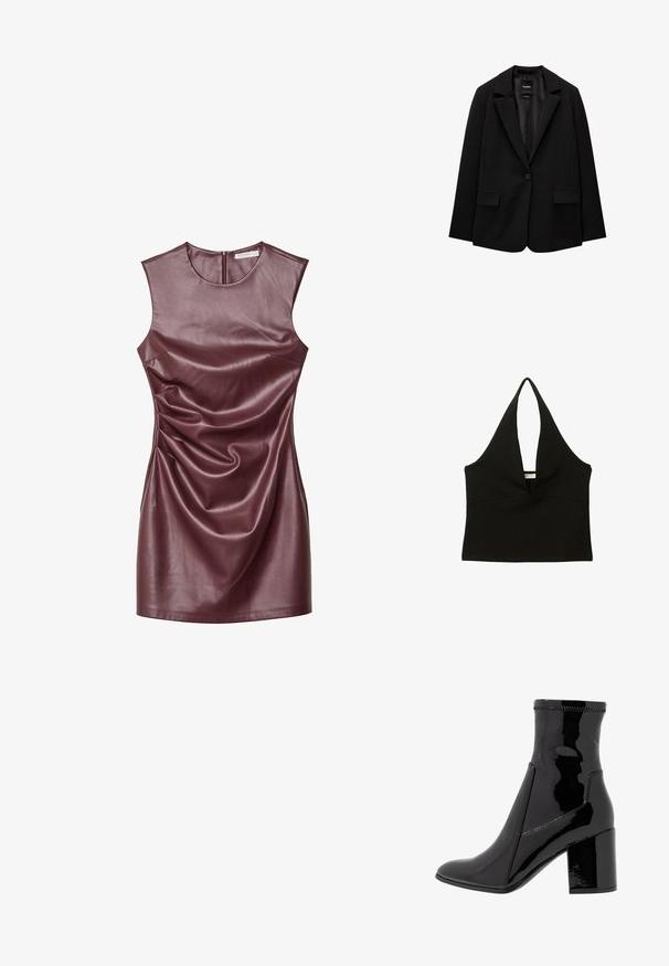 Sort blazer lavet af glat stof med enkelt knaplukning, klaplapper og to frontlommer. Minimalistisk design, skræddersyet pasform.; Sort haltertop med en dyb V-udskæring. Lavet af glat stof, har den en tætsiddende silhuet og en ren kant. Ingen hardware eller detaljer.; Bordeaux læder udenærmet kjole med rund halsudskæring, draperet tekstur og lynlåslukning bagpå. Glat overflade med subtil glans.; Sorte patent ankelstøvler med en glat overflade, spidse tå og en struktureret blokhæl. Uden lynlås og med kontrasterende syninger.; Kastanjebrun læderhåndtaske med en buet form, en enkelt skulderrem og syninger i midten. Glat tekstur, minimal hardware.