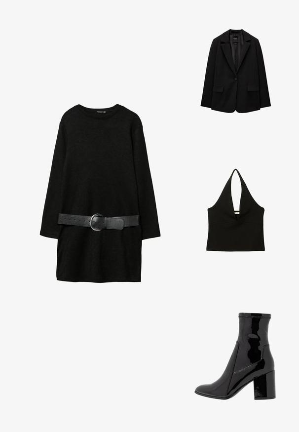 Sort blazer lavet af glat stof med enkelt knaplukning, klaplapper og to frontlommer. Minimalistisk design, skræddersyet pasform.; Sort haltertop med en dyb V-udskæring. Lavet af glat stof, har den en tætsiddende silhuet og en ren kant. Ingen hardware eller detaljer.; Sort langærmet kjole med rund halsudskæring og bred sort bælte med en sølvfarvet rund spænde i taljen.; Sorte patent ankelstøvler med en glat overflade, spidse tå og en struktureret blokhæl. Uden lynlås og med kontrasterende syninger.; Kastanjebrun læderhåndtaske med en buet form, en enkelt skulderrem og syninger i midten. Glat tekstur, minimal hardware.