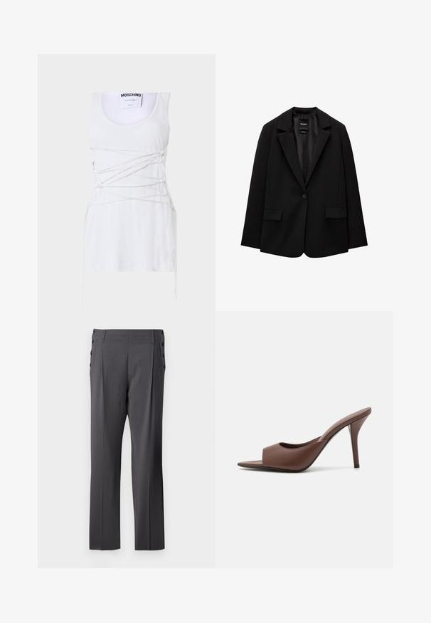 Musta bleiseri, joka on valmistettu sileästä kankaasta, yksittäisellä nappikiinnityksellä, viistetyt kaulukset ja kaksi etutaskua. Minimalistinen muotoilu, istuva leikkaus.; Valkoinen ribatettu hihaton paita, jossa on ristikkäisiä nauhakoristeita, pyöreä pääntie ja suora helma. Brändi: Moschino Couture.; Harmaat räätälöidyt housut, joissa on suora lahjetyyppi, etupleat ja koristeelliset sivunapit lisäyksinä. Sileä kankaanpinta.; Ruskean nahkakengät, joissa on avonainen varvas, korkea kanta ja tyylikäs muotoilu. Kengissä on leveä etuhihna ja hoikka stiletto-korko.
