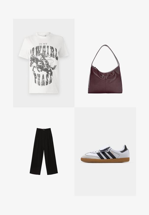Črn blazer iz gladkega blaga z zapiranjem na en gumb, zarezanimi reverji in dvema sprednjima žepoma. Minimalističen dizajn, krojen pristen fit.; Bela bomba majica iz bombaža s grafičnim tiskom konja in jahača ter napisom "V SVOJI KOVBOJSKI FAZI" v debelih, postarano črnih črkah.; Črne široke hlače z visokim pasom, z vdrtim pasom in naborki za teksturo. Narejene iz gladkega, lahkega materiala.; Beli usnjeni športni copati z bližnjicami v črni barvi in s sivo obrobo, z okroglo konico in gumo iz gumijastega materiala. Zapiranje na ježka in vezalke.; Burgundska usnjena hobo torba s ukrivljenim ročajem in mehko, teksturirano telo. Ima zadrgo in minimalne šive.